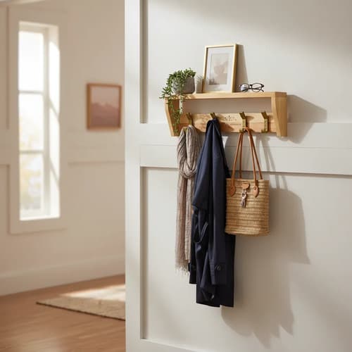 Perchero de Pared Madera con Estante y 4 Ganchos